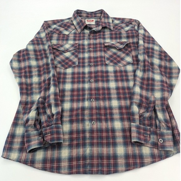 Wrangler Other - Wrangler Western Plaid Flannel Shirt Men Large Long Sleeve Snap Button Red Beige